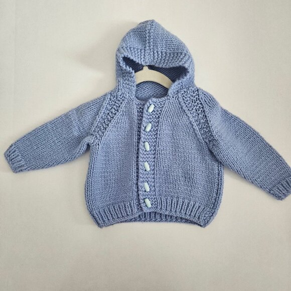 Hand Crafted Other - Handmade Knit Baby Hooded Sweater Cardigan Blue
